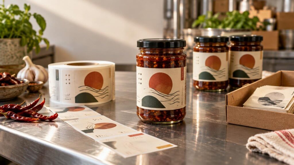 Glass jars of red chili sauce with matching abstract cream labels sit on a stainless-steel packing table beside a roll of labels, loose label sheets, dried chilies, garlic, and a cardboard tray.