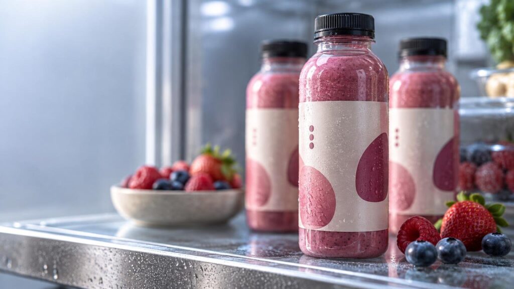 Three pink berry smoothie bottles with black caps and pale abstract-pattern labels stand on a wet refrigerated shelf beside fresh strawberries, raspberries, and blueberries.