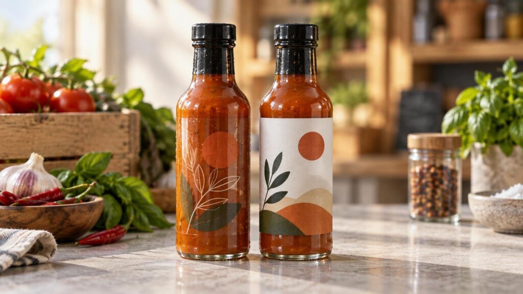 Two unbranded glass bottles of red sauce with contrasting decorative labels stand on a kitchen counter beside tomatoes, basil, garlic, chilies, and spice jars.