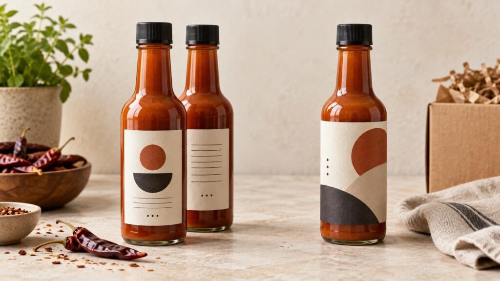 Three amber glass bottles of red chili sauce with black caps sit on a tabletop among dried chilies, a potted herb, a cardboard box, and a folded cloth. Two bottles show minimalist cream labels with abstract shapes or placeholder lines, while a third has a wider illustrated cream label.