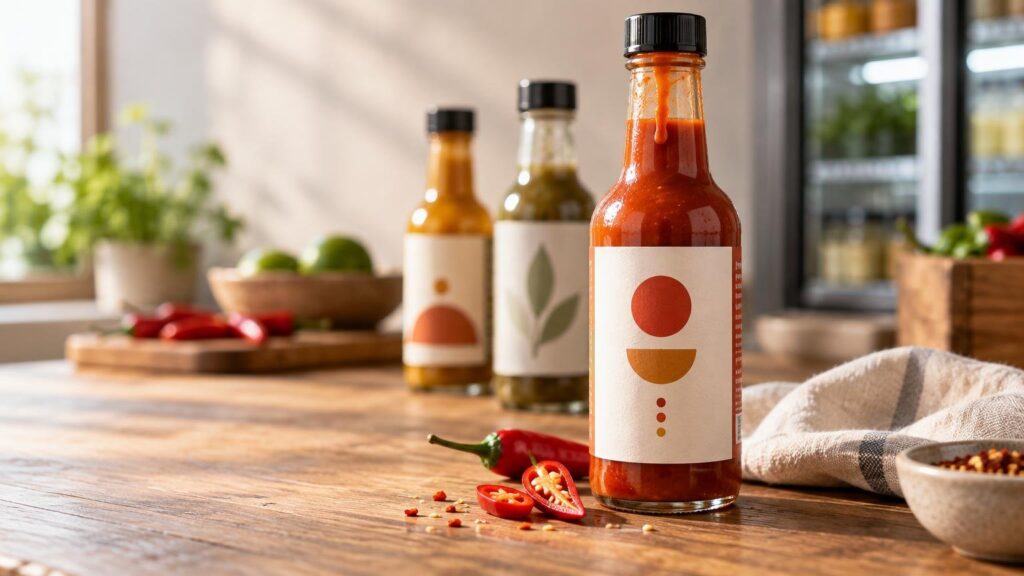 Three unlabeled-style hot sauce bottles on a wooden kitchen counter, with the foreground red sauce bottle beside sliced red chilies, scattered seeds, and a bowl of chili flakes.