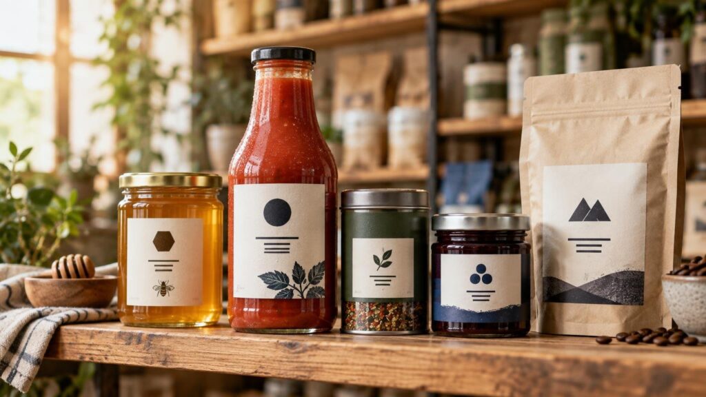 A shelf display of unbranded specialty-food packages: a honey jar, red sauce bottle, spice tin, dark jam jar, and kraft coffee pouch with minimalist illustrated labels, set on a rustic wooden counter with coffee beans and pantry shelves behind.