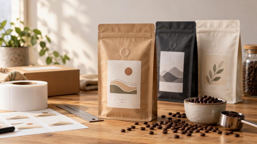 Three upright resealable coffee bags with minimalist illustrated labels sit on a wooden table beside a roll of blank labels, printed label sheets, a metal ruler, coffee beans, and a bowl of beans.