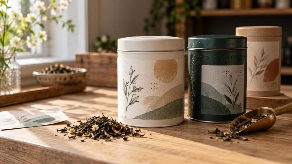 Three unbranded cylindrical tea tins with illustrated paper labels sit on a wooden table beside loose-leaf tea, a brass scoop, label sheets and a small bowl in warm window light.