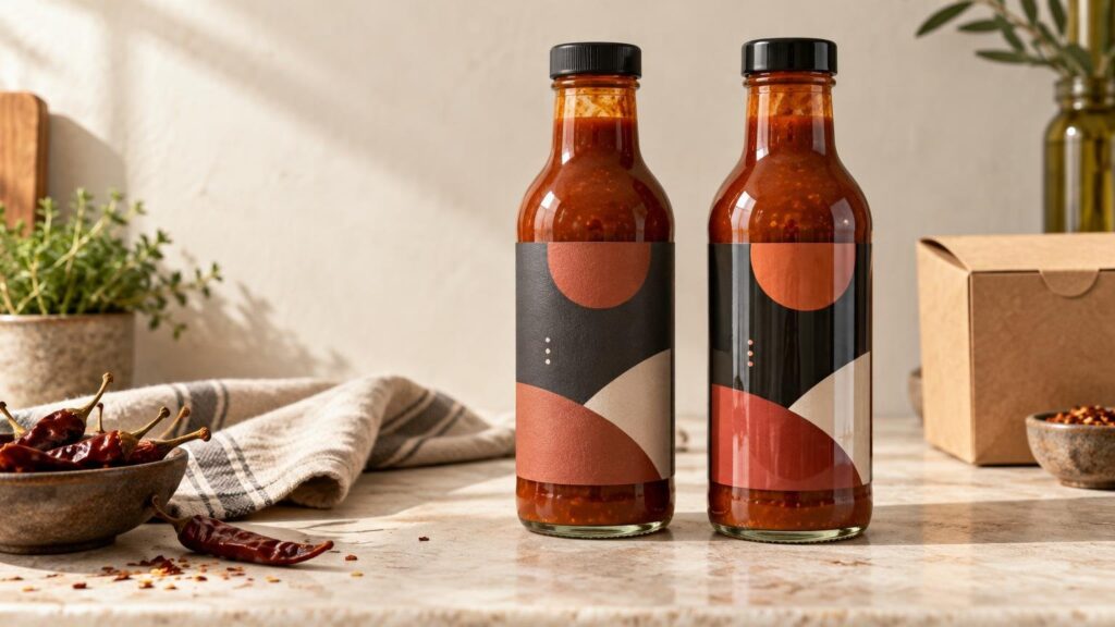 Two unbranded glass bottles of red chili sauce stand on a marble counter, comparing a textured matte geometric label on the left with a shiny reflective version on the right; dried chilies, herbs, and a cardboard box surround them.