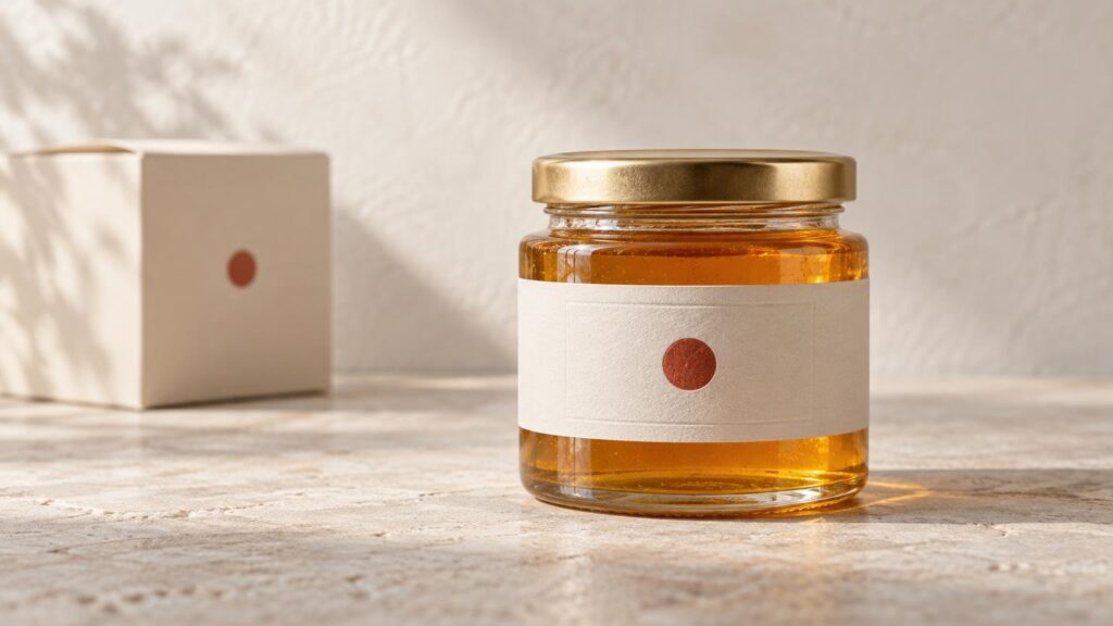 Minimalist glass jar filled with amber honey-like liquid, with a gold lid and plain cream label marked by a small rust-colored circle; a matching plain box sits behind it in warm sunlight.