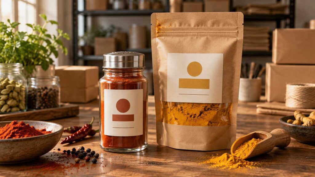 Warmly lit packing-station scene with an unlabeled glass spice shaker filled with red powder beside a resealable kraft pouch of yellow spice, surrounded by loose spices, scoops, jars, boxes, and herbs.