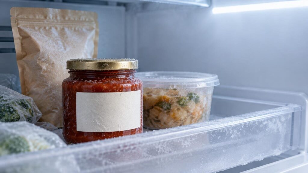 Frost-covered jar with a blank white label sits in a freezer drawer beside frozen food containers and bags.