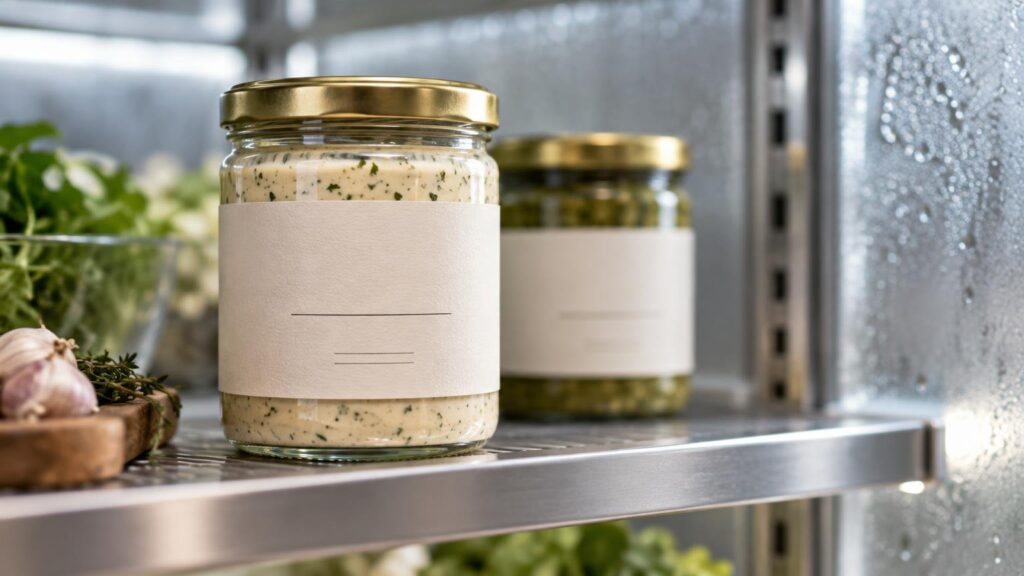 Two glass food jars with plain cream paper labels and gold lids sit on a refrigerator shelf beside fresh herbs and garlic; condensation covers the refrigerator door at right.